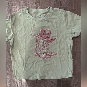 Kids Green T-Shirt with Pink and Silver Boot Design